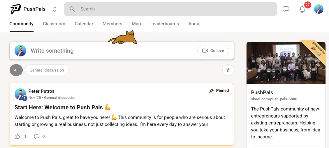 PushPals Skool Community platform showing courses, discussions, and live events for young entrepreneurs